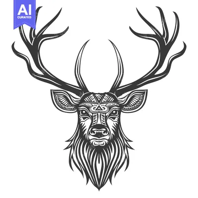 Aset desain premium: Ornate Black and White Deer Head with Large Antlers