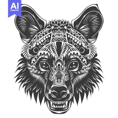 Aset premium populer: Ornate Black and White Detailed Wolf Head with Geometric and Floral Pa