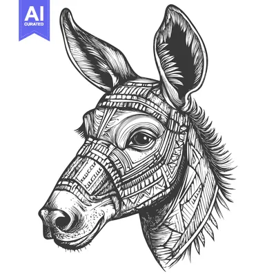 Aset desain premium: Ornate Black and White Donkey Head Illustration