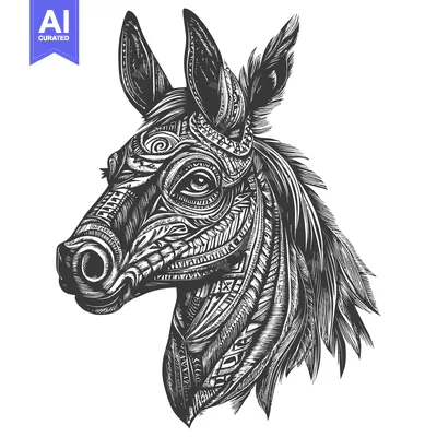 Premium design asset: Ornate Black and White Donkey Head with Feathers