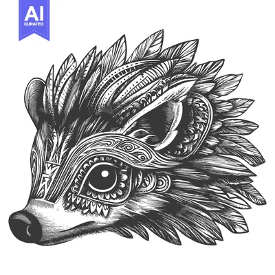 Aset desain premium: Ornate Black and White Drawing of a Hedgehog's Head
