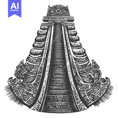 Ornate Black and White Drawing of a Mayan Pyramid