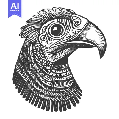 Ornate Black and White Eagle Head with Detailed Feathers
