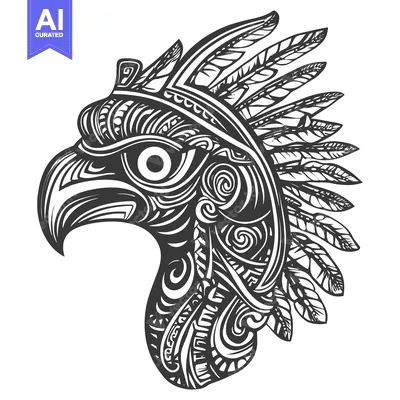 Ornate Black and White Eagle Head with Feathers