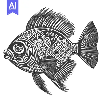 Aset premium populer: Ornate Black and White Fish with Geometric Pattern