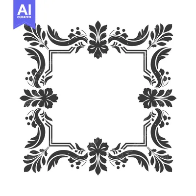 Premium design asset: Ornate Black and White Floral Frame with Blank Center