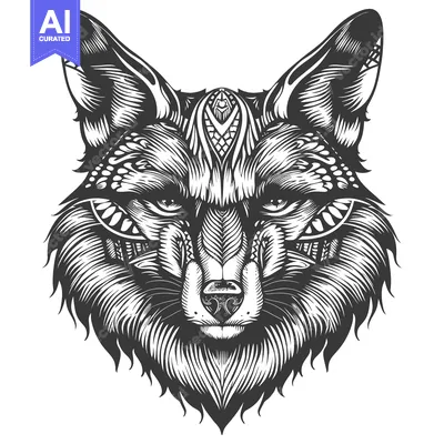 Aset premium populer: Ornate Black and White Fox Head Illustration