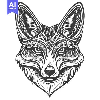 Aset desain premium: Ornate Black and White Fox Head Illustration