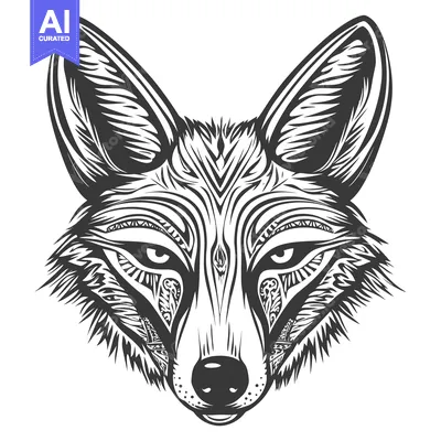 Premium design asset: Ornate Black and White Fox Head Illustration