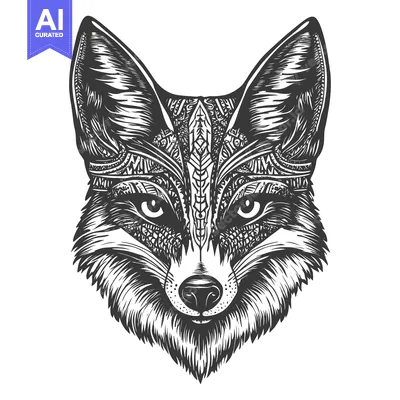 Aset premium populer: Ornate Black and White Fox Head with Detailed Fur and Patterns