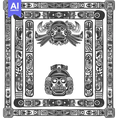 Aset desain premium: Ornate Black and White Frame with Mayan Inspired Masks and Motifs