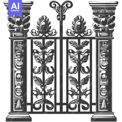 Ornate Black and White Gate with Intricate Floral and Totemic Designs