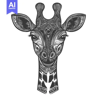 Aset desain premium: Ornate Black and White Giraffe Head Illustration