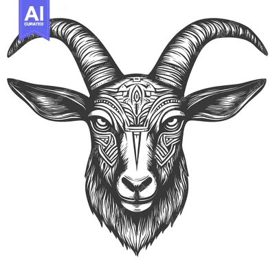 Aset desain premium: Ornate Black and White Goat Head Illustration