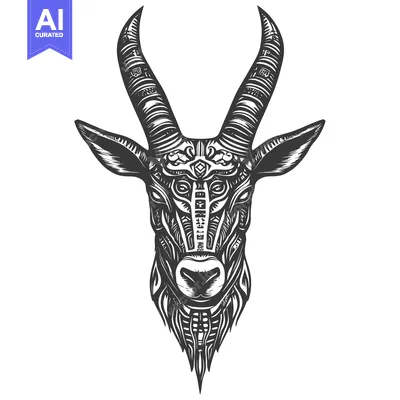 Premium design asset: Ornate Black and White Goat Head with Curled Horns