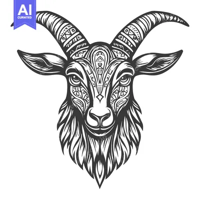 Aset desain premium: Ornate Black and White Goat Head with Curved Horns