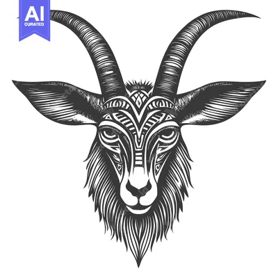 Premium design asset: Ornate Black and White Goat Head with Horns