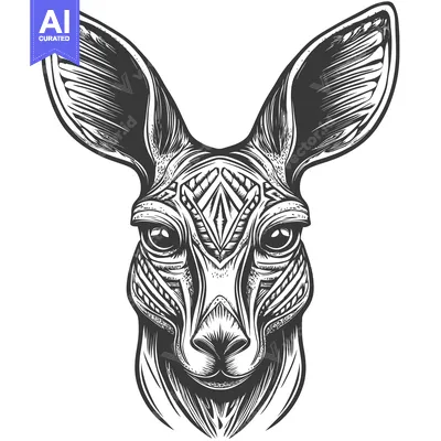 Ornate Black and White Graphic Illustration of a Kangaroo's Head