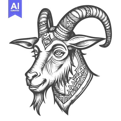 Aset desain premium: Ornate Black and White Hand-Drawn Goat Head with Intricate Patterns