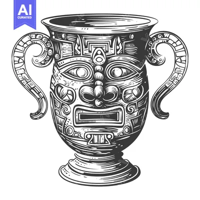 Ornate Black and White Hand-Drawn Goblet with Tribal Mask Design