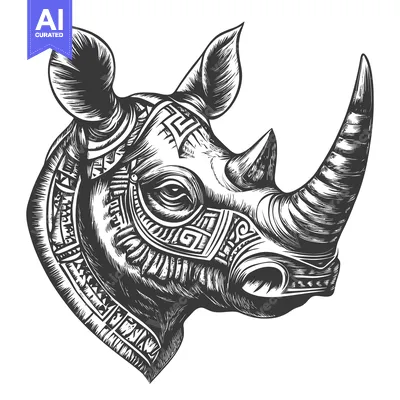 Aset premium populer: Ornate Black and White Hand-Drawn Rhino Head with Tribal Designs