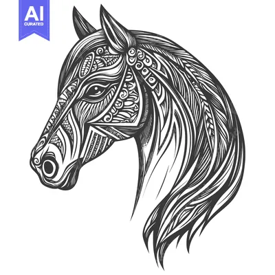 Premium design asset: Ornate Black and White Horse Head Design