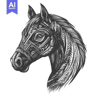 Premium design asset: Ornate Black and White Horse Head with Detailed Patterns