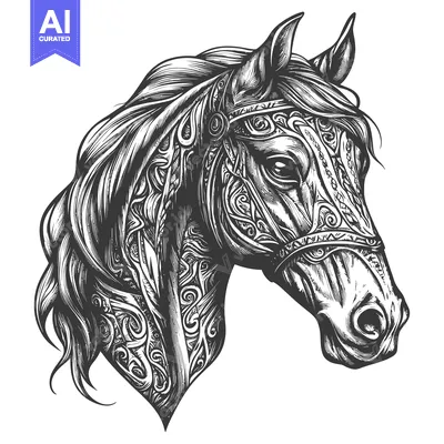 Aset desain premium: Ornate Black and White Horse Head with Floral Design