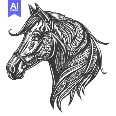 Aset desain premium: Ornate Black and White Horse Head with Tribal Design