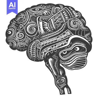 Premium design asset: Ornate Black and White Human Brain with Tribal Patterns