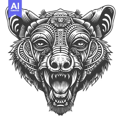 Aset premium populer: Ornate Black and White Hyena Head with Bared Teeth