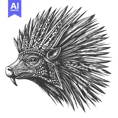 Aset premium populer: Ornate Black and White Illustration of a Boar's Head with Feathers
