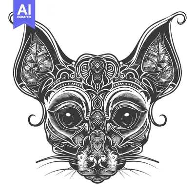 Premium design asset: Ornate Black and White Illustration of a Cat's Face