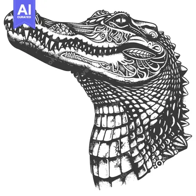 Aset desain premium: Ornate Black and White Illustration of a Crocodile Head