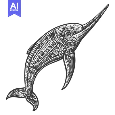 Aset desain premium: Ornate Black and White Illustration of a Dolphin