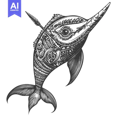 Ornate Black and White Illustration of a Dolphin