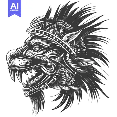 Ornate Black and White Illustration of a Feathered Wolf's Head