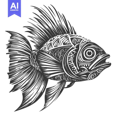 Premium design asset: Ornate Black and White Illustration of a Fish with Open Mouth