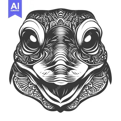 Ornate Black and White Illustration of a Frog's Head
