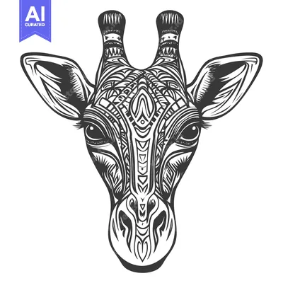 Premium design asset: Ornate Black and White Illustration of a Giraffe Head