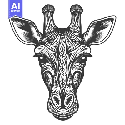 Premium design asset: Ornate Black and White Illustration of a Giraffe's Head