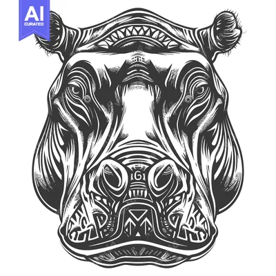 Aset desain premium: Ornate Black and White Illustration of a Hippopotamus Head
