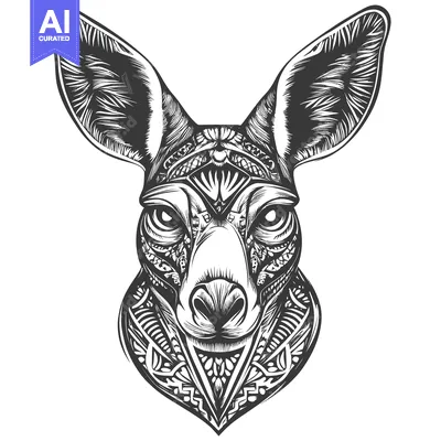 Ornate Black and White Illustration of a Kangaroo Head