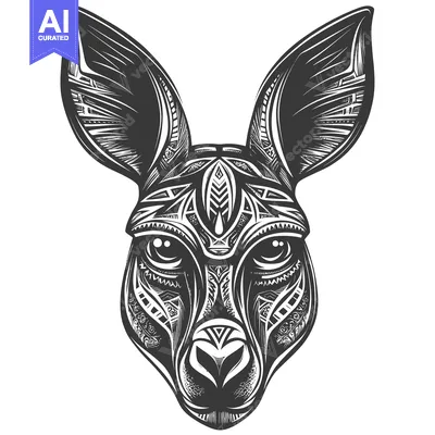 Aset desain premium: Ornate Black and White Illustration of a Kangaroo's Head