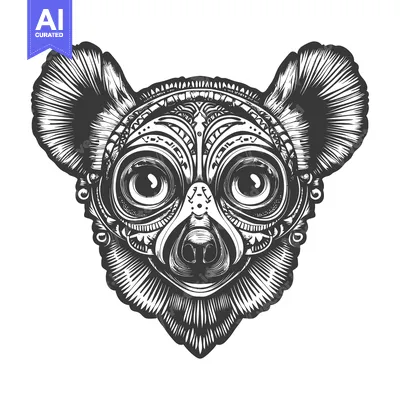 Aset desain premium: Ornate Black and White Illustration of a Lemur's Head