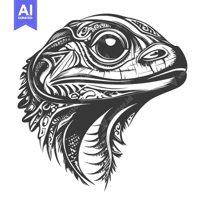 Aset desain premium: Ornate Black and White Illustration of a Lizard Head