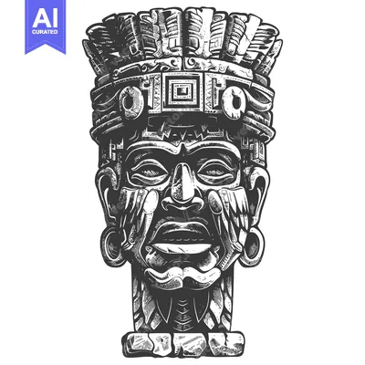 Aset premium populer: Ornate Black and White Illustration of a Mayan Deity Bust