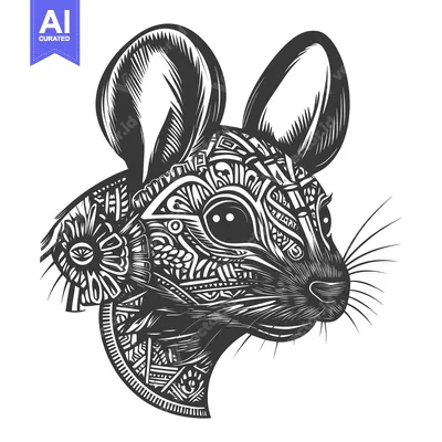 Aset desain premium: Ornate Black and White Illustration of a Mouse's Head