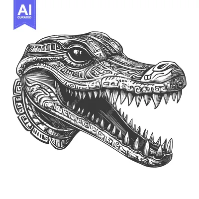 Ornate Black and White Illustration of an Alligator's Head with Open J