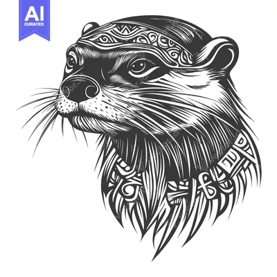 Aset desain premium: Ornate Black and White Illustration of an Otter's Head